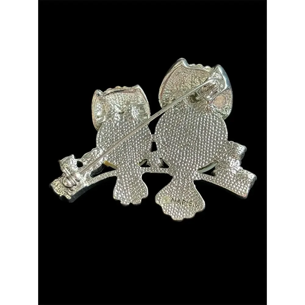 Vtg 1990 Napier Classic Jelly Belly Two Owls On A Branch Brooch Crystal Sparkle